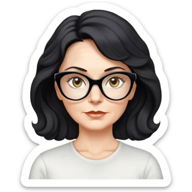 white woman about 50 years old with light warm skin, wavy black hair to the neck, neutral determined expression, large black shiny butterfly or cat-eye glasses, white casual t-shirt, calm and creative energy sticker