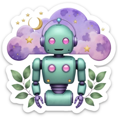 watercolor-style emoji of robot silhouette with “AI” inside a lilac cloud, connected to a soft circuit shape. gentle pastel palette (sage green, blush, lilac), surrounded by leaves, moon, and stars — poetic and calm aesthetic. sticker