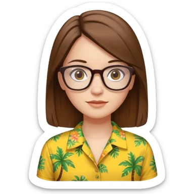 Hawaii female with white skin. Shoulder length straight brown hair. Brown eyes with glasses. Female wearing yellow Hawaiian print shirt. sticker