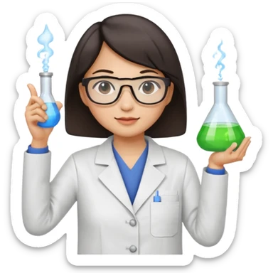female asian chemistry teacher wearing glasses holdin a flask pointing right with straight short hair to her shoulders sticker