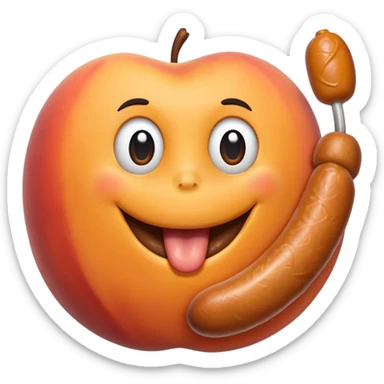A peach with handmarks with a big bratwurst in his mouth sticker