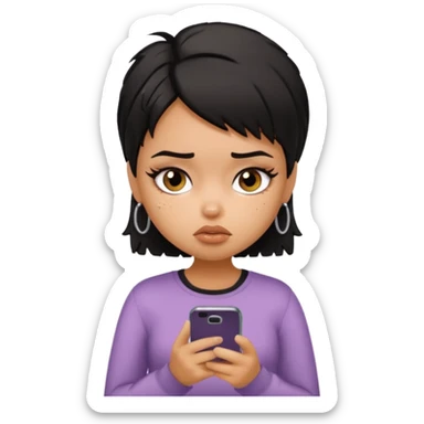 generate a pretty bratz girl with short black mess hair, looking tired and using her phone sticker
