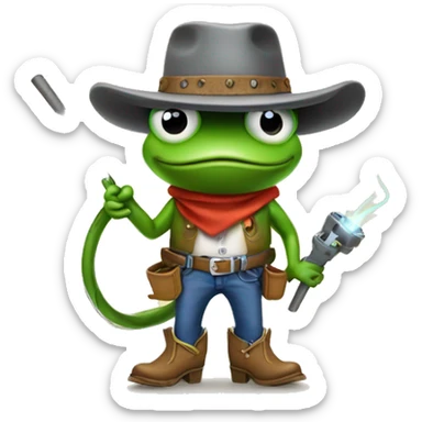 Generate a frog wearing a cowboy hat and boots welding a lasso  sticker