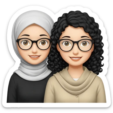 White hijabi girl with black eyes with another girl have long black hair wearing glasses with  another another girl have curly short  honey hair and wearing white glasses  sticker