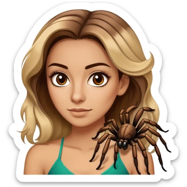 Attractive Mexican woman in her 20s with brown hair with a little blonde highlights, with a tarantula sticker