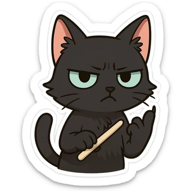 A black cat with an impatient expression, holding up its pinky finger and sharpening its claws with a nail knife sticker