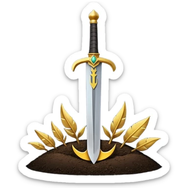 Minimalist emoji of a single upright sword planted into the ground with a glowing crescent rising behind it, representing inner discipline, Islamic strength, and the start of a new chapter. Flat icon style, transparent background sticker