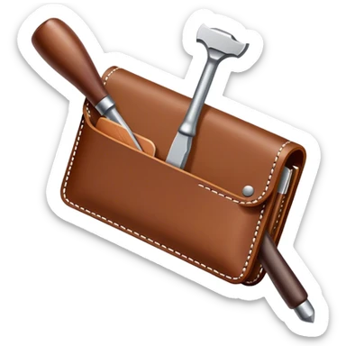 Leatherworking icon, piece of raw leather being crafted into a leather wallet or belt, professional tools like leather stitching awl, edge beveler, hammer, prying tool, minimalistic style, clean lines, transparent background. sticker