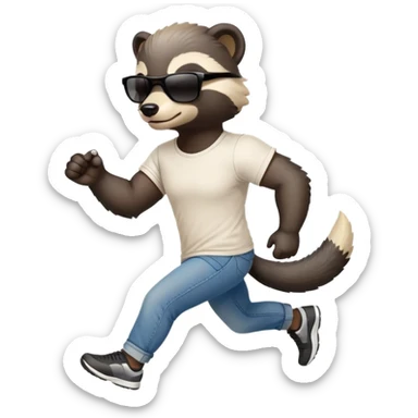 friendly anthropomorphised honey badger in jeans and a t-shirt, wearing sunglasses, jogging upright, relaxed pose sticker