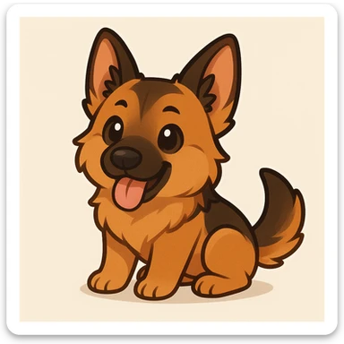 Create a chibi sticker of a playful German Shepherd dog inspired by the left dog in the reference photo, with a simple background. sticker