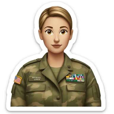 White freckled Woman in camo military uniform , brown hair, sleek hair bun sticker