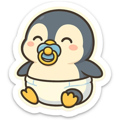 chubby penguin with a diaper and a pacifier, cheerful and childlike sticker