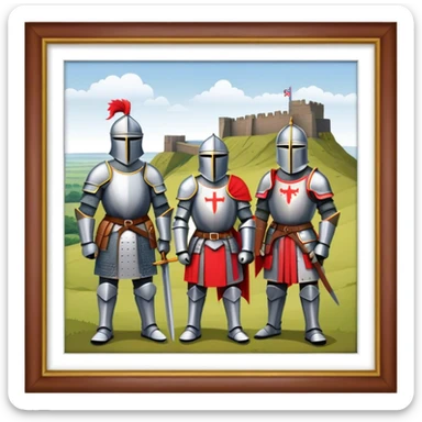  historical reenactment scene with knights in armor standing near Hadrian's Wall, emphasizing the division between Scotland and England. sticker