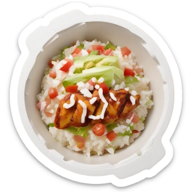 Chipotle bowl with chicken white rice cheese pico queso and lettuce in the white cardboard oval shaped bowl sticker