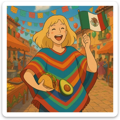 cartoon of a tall blonde woman in a colorful poncho, smiling, holding a taco and avocado, waving a Mexico flag, dancing in a festive street party background with food and decorations sticker