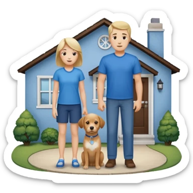 a mom and dad standing in front of a house with their son and a dog next to them (1 dog) and 1 SON not daughter the son should be very short sticker