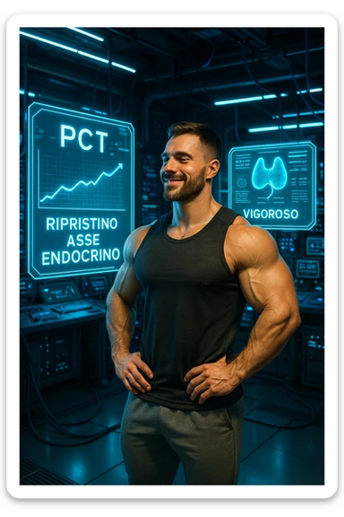 "Un uomo bodybuilder (30-35 anni) in un laboratorio biohacker futurista, circondato da ologrammi che mostrano il ripristino vigoroso del suo asse endocrino dopo una PCT di successo. in italiano sticker
