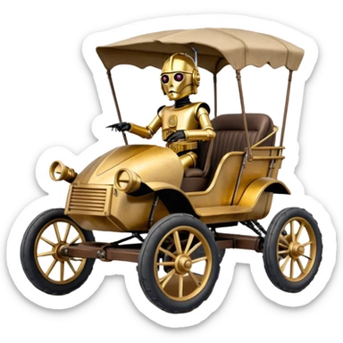 Old American West tarnished underglow C-3PO bounty hunter 1854 delicately ornate rosegold accents painted dune buggy buckboard wagon powered by electric motors and batteries with safety and belts flying rapidly roughening terrain stable on strong agile advanced cantilever suspension and steering sticker