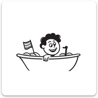 A hand-drawn bath toy boat with a silly grinning face and little flag sticker