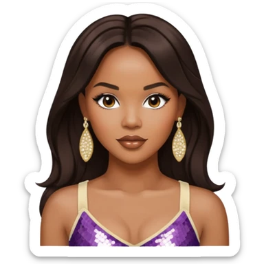 LeToya Luckett with long dark brown hair, ivory sequin crop top, ivory earring sticker