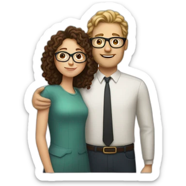 tall white man with curly dark hair hugging white woman with glasses and straight brown hair sticker