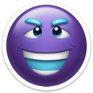 Round purple ball with light blue  button eyes and raised eyebrows and a big  smile sticker