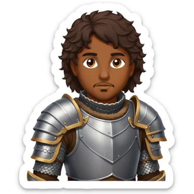 medieval battle armor worn by a DnD themed fantasy character. basic brigandine vest over chainmail with a fur-lined collar. armor only above the waist. The armor full waist. The character's haven't arms. character is dark brown hair amber eyes short wavy hair brown-skinned man. sticker