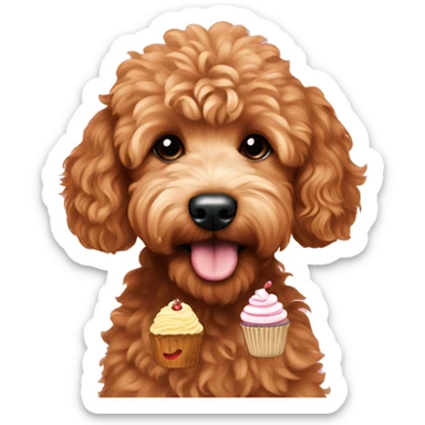 Red mini goldendoodle with a cupcake sticker