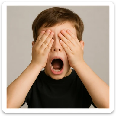 front image of a white boy with brown hair, wide open eyes, wide open mouth, hands covering his eyes, wearing a black shirt, front view sticker