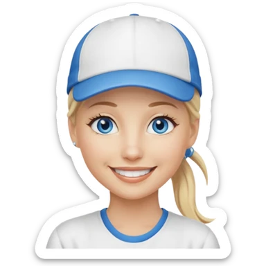 blonde woman, blue eyes, pony tail, white cap sticker