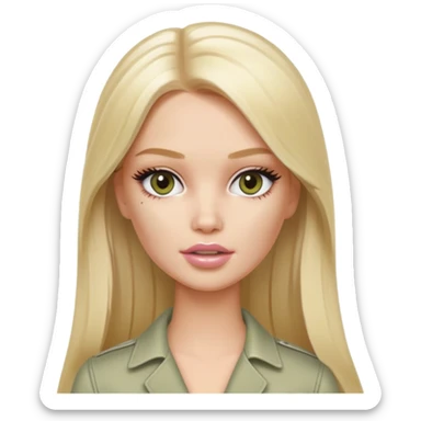A white Barbie girl with long blonde straight hair in pale olive clothes smears cosmetic cream on her face sticker