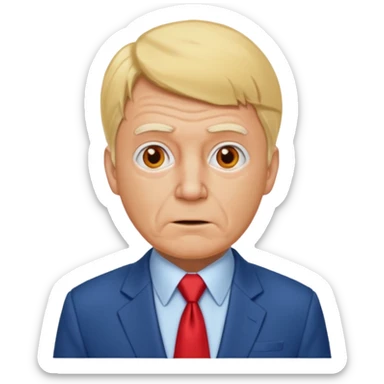 an ugly old orange man with a blonde toupee and a blue suit with a white undershirt and a red tie sticker
