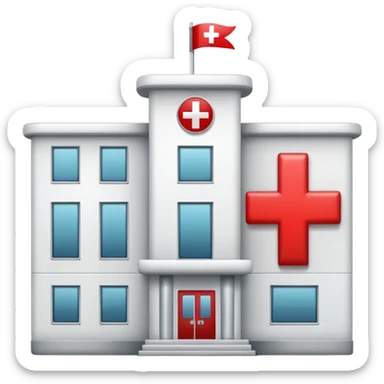 A hospital building with a red +. In PNG format. sticker