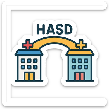 icon style illustration of a bridge connecting two different hospitals with the text 'HASD' standing on the bridge, clear and readable sticker