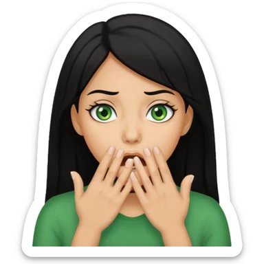 A realistic half-length portrait of a frightened woman with hands to her mouth, black hair and green eyes sticker