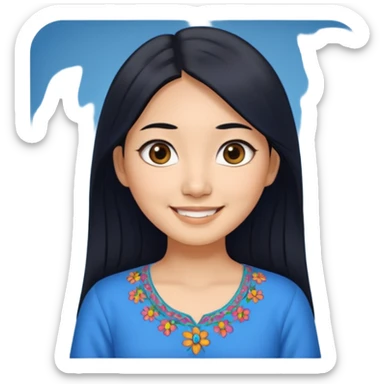 30 yr old asian woman center parted hair big eyes big smile tanned skin straight black hair hippie part hair blue blouse sticker