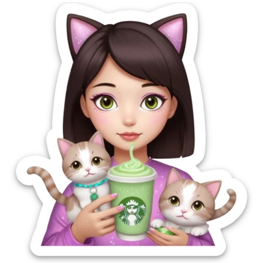 asian girl with short dark brown hair and dark brown eyes with a soft girl pink glowup aesthetic, matcha latte, 2 light brownragdoll cats, and sparkles, makeup, and money. more sparkles sticker
