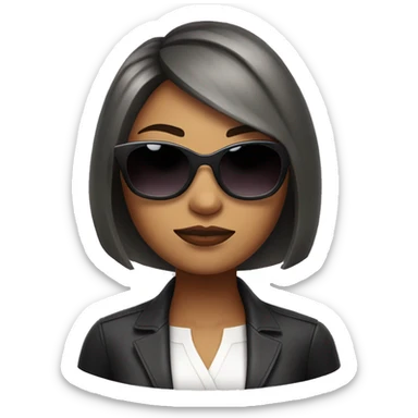 Woman with short, asymmetrical bob haircut with highlighted layers, wearing large sunglasses, looking serious with a slight frown. sticker