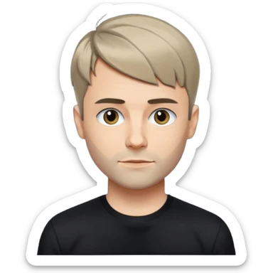 Oliver Riedel, cool, collected vibe, short hair, black shirt sticker