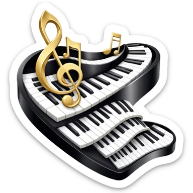 Create a detailed and elegant emoji collage representing keyboard instruments in a celebratory and professional style, reminiscent of a coat of arms. The design should feature a central arrangement of black and white piano keys, forming a symmetrical, powerful image. Around the keys, include a flowing ribbon of musical notes that intertwines with the keys, creating a sense of movement and harmony. Use gold and silver accents to highlight the keys and musical notes, giving the design a festive, high-quality appearance. The design should convey professionalism, elegance, and a sense of occasion. Add subtle reflections on the piano keys to enhance the polished look. The background should be transparent. sticker
