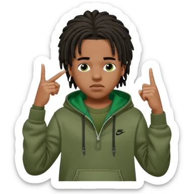 African American boy with short black dreadlocks wearing a green Nike hoodie wearing denim skinny jeans and timberland boots with finger point to his head indicating his thinking and intelligence sticker