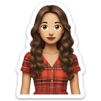 Pretty peach skin brunette woman with long hair and rosy cheeks in red plaid babydoll dress sticker