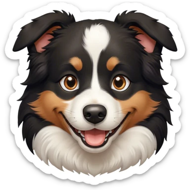 Fluffy black border collie face smiling, with a white fury chest  sticker