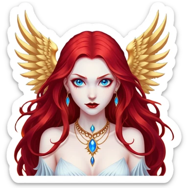 half body portrait of an extremely diabolical girl with pale white skin, massive towering wings, very long flowing blood red hair, glowing blue eyes, black hellfire aura, no horns, evil grin, gold necklace sticker