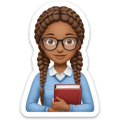 A student, girl, brown skin, braid hair, wearing glasses, hold book in front of their chest sticker