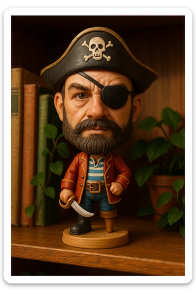 a pirate bobblehead, eye patch, hat, beard, playful sticker