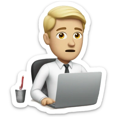 white man sitting at desk, working at computer looking frustrated sticker