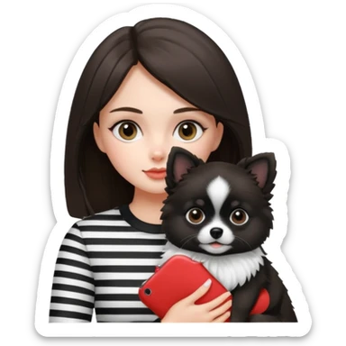 an brunette hair girl holding her black and white pomeranian dog that has white middle part in the face kinda looks like a panda sticker