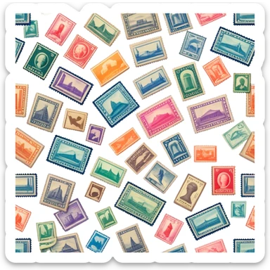 Icon for Stamp Collecting: a large stamp block in the center and a collection of vintage and colorful stamps arranged in an album or on a desk, with showcasing different themes. The icon should reflect the charm and history of philately. Transparent background. sticker