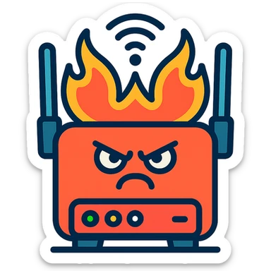 A bold and impactful router symbolizing the backbone of internet connectivity, depicted as overheated, heroic, or as a techno-meme sticker